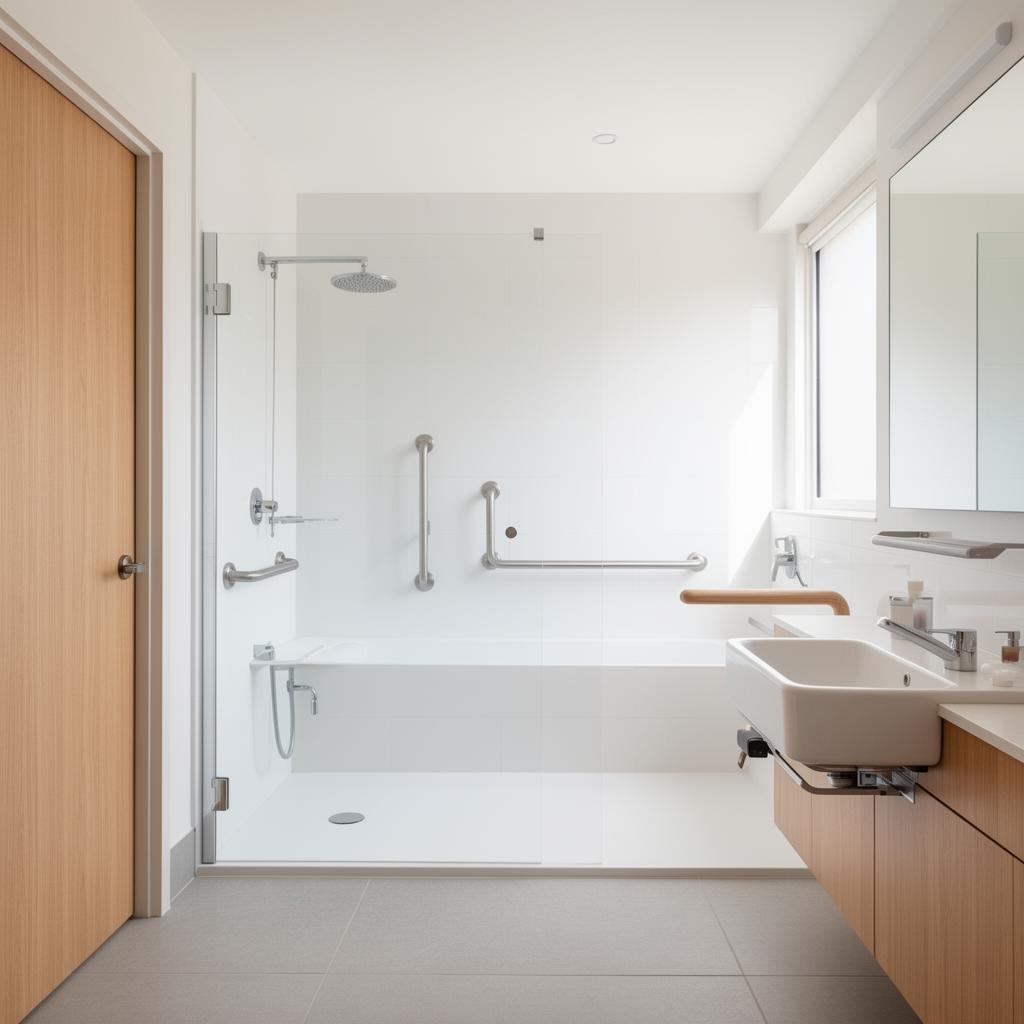 Accessible SDA bathroom with roll-in shower and grab rails